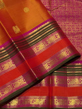 Sahana- Super Gorgeous Beautiful Simha Color (dual tone orange shot mustard shade) with Rich Pink Handwoven Pure Kanjivaram Silk with Mayil Chakram Buttas woven body with beautiful borders rich pallu and contrast woven blouse