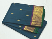Sapphire Blue with Dark Purple Buttas Handwoven Pure Jari Kanjivaram Silk Saree with rich borders with green selvedges gorgeous pallu and contrast woven blouse