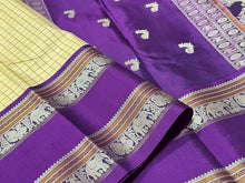Offwhite with Aubergine Purple Korvai Muthukattam Handwoven Pure Zariless rettapet bordered Kanchipuram Silk Saree Beauty