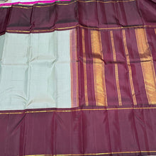 Pastel Blue Green Shade with Burgundy Brown Checks with Korvai Handwoven Pure Jari Kanjivaram Silk Saree with Long borders Mubbakam Style beauty