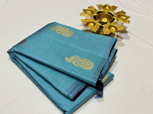 Light  Blue with Purple Borderless Handwoven Pure Kanjivaram Silk Saree with muthukattam and buttas beauty