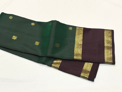 Dark Bottle Green with Coffee Brown Handwoven Pure Jari Buttas Kanjivaram with Doublepet borders rich pallu and contrast woven borders beauty