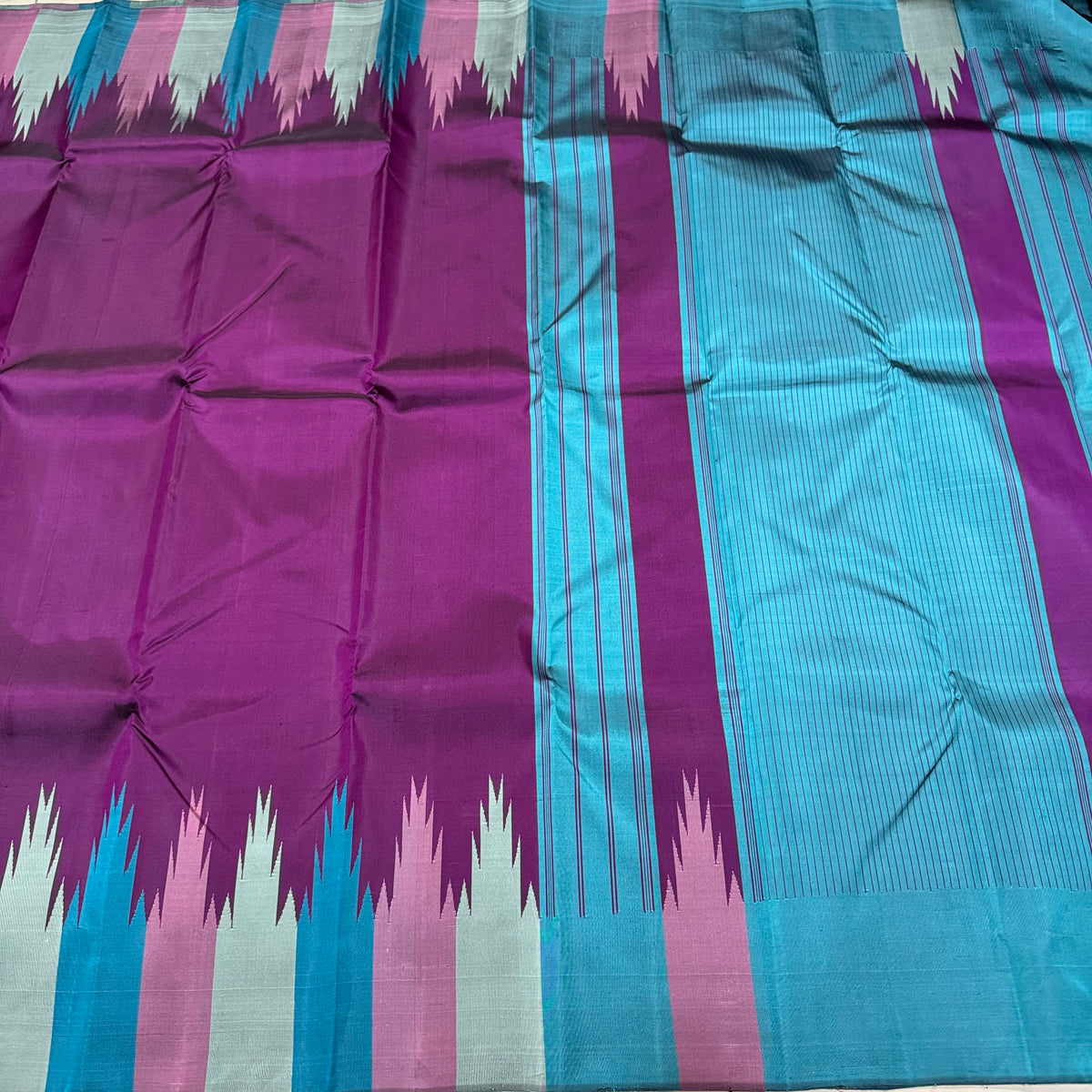 Purple with Teal Multicolored rekku Handwoven Pure Zero Zari Korvai Te ...