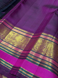 Pastel Green tinted Blue with Deep Purple Buttas with Silk thread and Zari  woven Rich borders Handwoven Pure Jari Korvai Kanjivaram Silk Saree Beauty