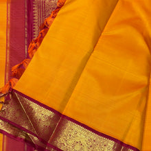 Sarasangi- Stunning Mambazham(Mango) Yellow with Arakku Red Handwoven Pure Jari Korvai Kanjivaram Silk with very beautiful borders gorgeous pallu and contrast woven blouse