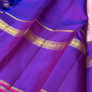 Soft Pink with Purple Handwoven Pure Jari Korvai with Jari Checks and Jacquard Buttas with Long Doublepet Borders Kanjivaram Silk Saree Beauty