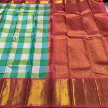 Pastel Palum Pazhamum Checks with Peach Handwoven Pure Jari Korvai Kanjivaram Silk Saree with rich borders beautiful pallu and contrast woven peach blouse