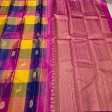 Saranga- Gorgeous Palum Pazhamum Multichecks Handwoven Pure Jari Kanjivaram Silk with Vairaoosi with buttas woven beautiful body with rich pallu and contrast woven beautiful pink blouse