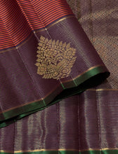 Sahana- Stunning Rust with Deep Brown Handwoven Pure Kanjivaram Silk with striped body border buttas rich pallu and contrast woven blouse