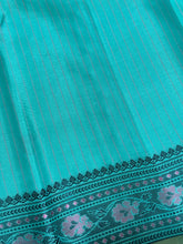 Turquoise Blue Green Handwoven Pure Zariless Soft Kanjivaram Silk Saree with Buttas body and meenakari borders striped blouse beauty