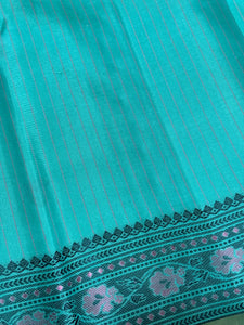 Turquoise Blue Green Handwoven Pure Zariless Soft Kanjivaram Silk Saree with Buttas body and meenakari borders striped blouse beauty