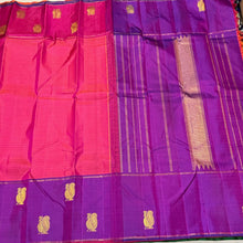 Pink with Ganga Jamuna Borders Muthukattam body Purple pallu and Border Buttas Handwoven Pure Jari Kanjivaram Silk Saree Beauty