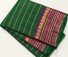 Sahana- Beautiful Deep Forest Green with Dark Magenta Handwoven Pure Jari Kanjivaram Silk with Jari Neliveldhari Striped body with rich borders pallu and contrast woven blouse
