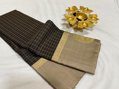 Black with Greyish Beige Handwoven Pure Kanjivaram Silk Saree with Muthukattam checked body with Gandaberunda Buttas woven borders rich pallu and contrast woven blouse