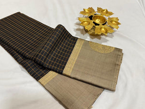 Black with Greyish Beige Handwoven Pure Kanjivaram Silk Saree with Muthukattam checked body with Gandaberunda Buttas woven borders rich pallu and contrast woven blouse