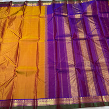 Golden Sampanga with Purple Handwoven Pure Kanjivaram Silk Saree with spaced borders beauty