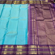 Gorgeous Turquoise Blue with Deep Purple  Kai Korvai Handwoven Pure Jari Kanjivaram Silk Saree with intricate meenakari varisaipet borders with rich pallu and contrast woven blouse beauty