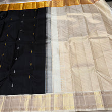Vaibhogam-Stunning Black with Golden Mustard and Offwhite Handwoven Pure Jari Korvai Kanjivaram Silk with Ganga Jamuna Borders with Pattu buttas woven beautiful body rich borders pallu and contrast woven blouse beauty