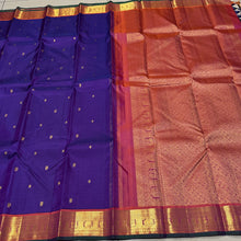 Sahana- Violetish blue with Burnt Orange Buttas Handwoven Pure Jari Kanjivaram Silk with beautiful borders with green selvedges rich pallu and contrast woven blouse