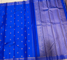Sahana- Stunning Royal Blue with Gold Handwoven Pure  Jari Kanjivaram Silk with buttas woven body with Vairaoosi stripes woven borders rich pallu and self colored blouse