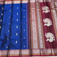 MS Blue with Deep Maroonish Red Premium Handwoven Pure Zariless Kanjivaram Silk Saree beauty with peacocks woven rich pallu with mango motifs woven body beautiful double birds and yazhis woven borders beauty