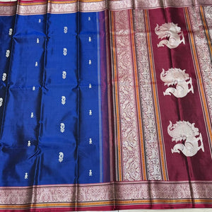 MS Blue with Deep Maroonish Red Premium Handwoven Pure Zariless Kanjivaram Silk Saree beauty with peacocks woven rich pallu with mango motifs woven body beautiful double birds and yazhis woven borders beauty