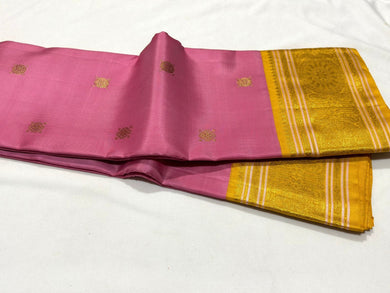 Pink with Gold Korvai with Buttas Handwoven Pure Jari Kanjivaram Silk Saree Beauty