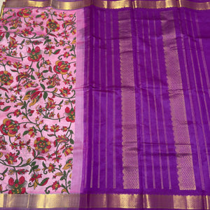 Lotus Pink with Purple Handwoven Pure Kanjivaram Hand Kalamkari Block Printed Silkcotton Saree Beauty