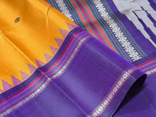 Mango Mustard with Purple Buttas Korvai Handwoven Pure Zariless Kanjivaram Silk Saree with temple borders beauty