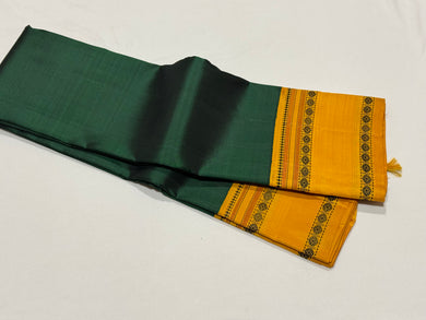 Premium Zariless Weave- Bottle Green with Yellow Handwoven Pure Zariless Korvai Kanjivaram Silk with Rudrakshaper Borders classic rekku pallu and contrast woven blouse beauty