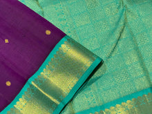Evergreen Combo- Deep Purple with Turquoise Blue Green Buttas Korvai Handwoven Pure Jari Kanjivaram Silk Saree Beauty