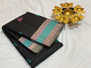 Black with Grey with Multicolored Buttas Handwoven Pure Zariless Soft Kanjivaram Silk Saree Beauty