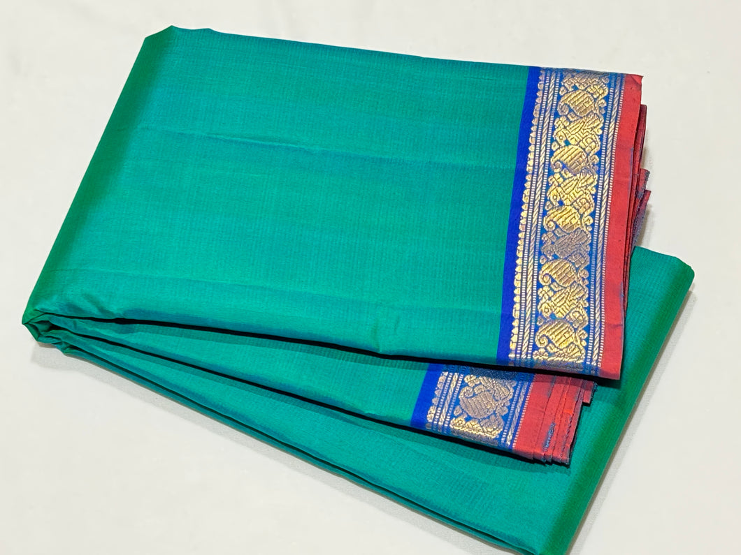 Peacock Green with Peacock Blue Small Borders Handwoven Pure Jari Kanjivaram Silk Saree Beauty