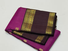 Gorgeous Deep Magenta with Coffee Brown Handwoven Pure Jari Kanjivaram Silk with rich buttas woven body beautifully woven borders pallu with meenakari weave and contrast woven blouse