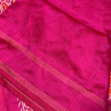 Arabhi- Stunning Orange with Pink in a beautiful Handwoven Premium Zariless Double Ikat Silk with rich woven body gorgeous pallu and contrast woven blouse