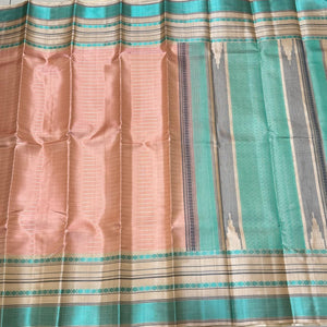 Peach with Cream Handwoven Pure Zariless Soft Kanjivaram Silk Saree with Striped body