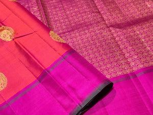 Orange with Fuchsia Pink Buttas Handwoven Pure Jari Kanjivaram Silk Saree with rich pallu and contrast blouse beauty