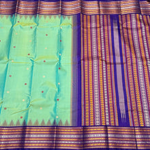 Pista Green with Violetish Blue Korvai with buttas Varisaipet Borders Handwoven Pure Zariless Kanjivaram Silk Saree Beauty