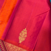 Dual tone Rama Bluish Green with Rustic Orange Pink Borderless Handwoven Pure Jari Muthukattam with Buttas Kanjivaram Silk Saree with rich pallu and contrast woven blouse