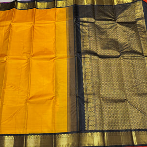 Mustard with Black Handwoven Pure Jari Korvai Kanjivaram Silk Saree Beauty