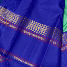 Sarasangi- Beautiful Pastel Green with Royal Blue Handwoven Pure Jari Korvai Kanjivaram Silk with beautiful borders rich seer pallu and contrast woven blouse