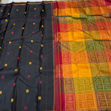 Black with Bomkai Pallu Premium Zariless Handwoven Pure Kanjivaram Silk Saree with small borders rich silk thread buttas woven body rich bomkai pallu and contrast checked blouse beauty