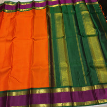Sarasangi- Stunning Orange with Deep Emerald Green Handwoven Pure Jari Korvai Kanjivaram Silk with beautiful kasakasa podikattam woven body with beautiful doublepet borders rich pallu and contrast woven blouse