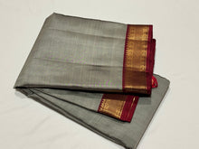 Grey with Maroon Handwoven Pure Kanjivaram Silk Saree with Small borders classy seer pallu and contrast woven blouse beauty
