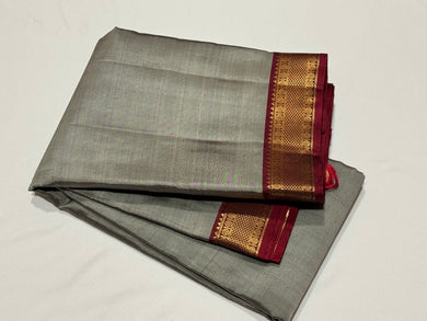 Grey with Maroon Handwoven Pure Kanjivaram Silk Saree with Small borders classy seer pallu and contrast woven blouse beauty