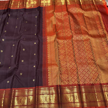 Gorgeous Chocolate Brown with Burnt Orange Handwoven Pure Kanjivaram Silk Saree with beautiful buttas rich borders and pallu woven body with a contrast woven blouse