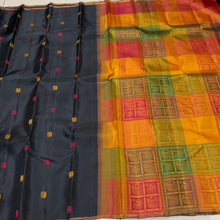 Saranga- Beautiful Black with Multichecks Handwoven Pure 2g Jari Kanjivaram Silk with silk thread buttas woven body with small jari borders rich bomkai pallu and contrast palum pazhamum checked blouse