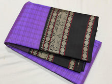 Saraswati- Gorgeous Lavendar with Black Handwoven Pure Korvai Premium Zariless Kanjivaram Silk with beautiful checked body with rich yazhis and rudrakshas woven borders gorgeous pallu and contrast woven blouse