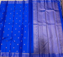 Sahana- Stunning Royal Blue with Gold Handwoven Pure  Jari Kanjivaram Silk with buttas woven body with Vairaoosi stripes woven borders rich pallu and self colored blouse