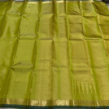 Sahana- Stunning Bright Lime Green with Gold Small Borders with Buttas Handwoven Pure Kanjivaram Silk with Bottle Green Selvedges Rich Pallu and Self Colored blouse